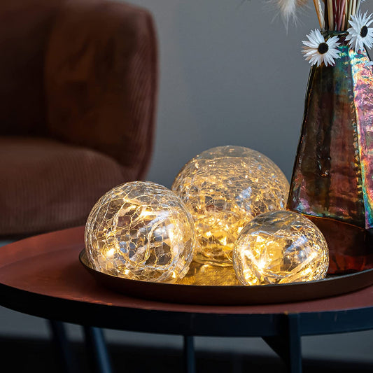 Crackle Glass Ball Lights Set 3 | Ø 8,10,12 Cm Globes | Decorative Indoor Table Lighting | with Warm White LED String | Battery Operated Table Lamps | Mood Fairy Light Night Lamp | Table Decor