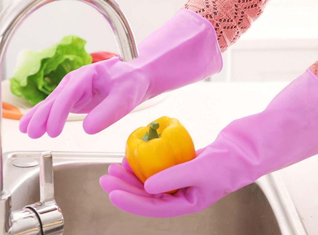 Set of 4 Pairs - Waterproof Kitchen Cleaning Rubber Gloves for Dish Washing Laundry Cleaning (Medium Size, 4 Bright Colours)