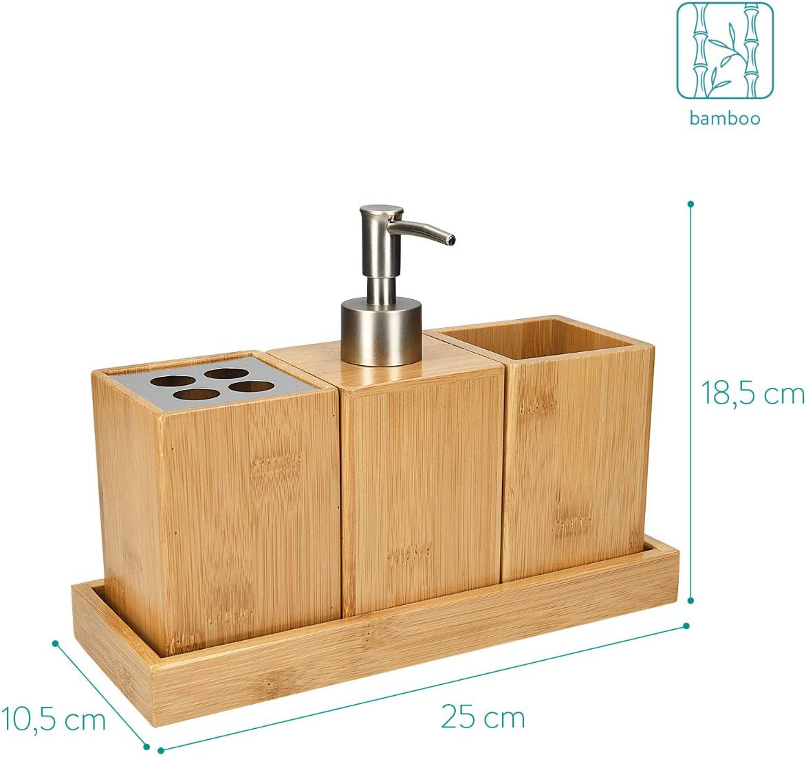 Bamboo Bathroom Accessories Set - 4-Piece Bath Set with Toothbrush Holder, Soap Dispenser, Storage Container, Organiser Tray - Natural Wood