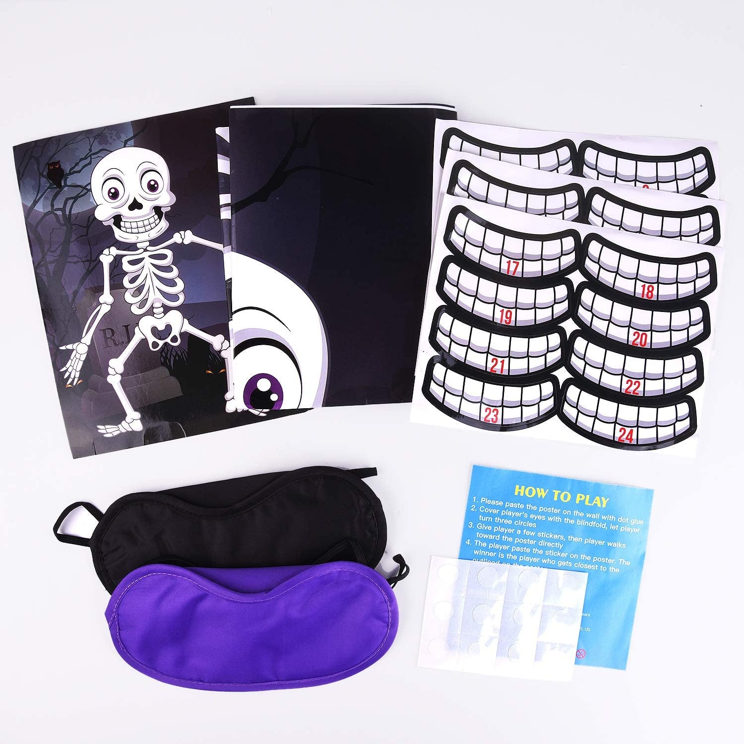 FEPITO Pin the Teeth on the Skeleton Skull Halloween Party Game with 24 Pcs Teeth Stickers for Halloween Party Favors, Halloween Decorations