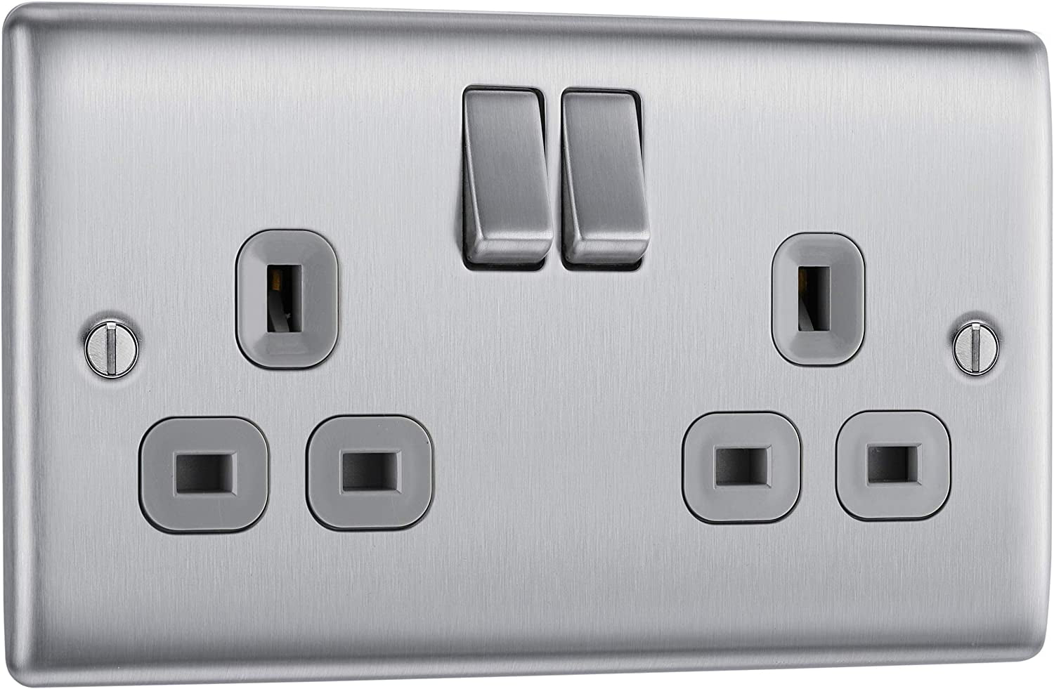 BG Electrical NBS22G-01 Double Switched Power Socket, Brushed Steel, 13 Amp