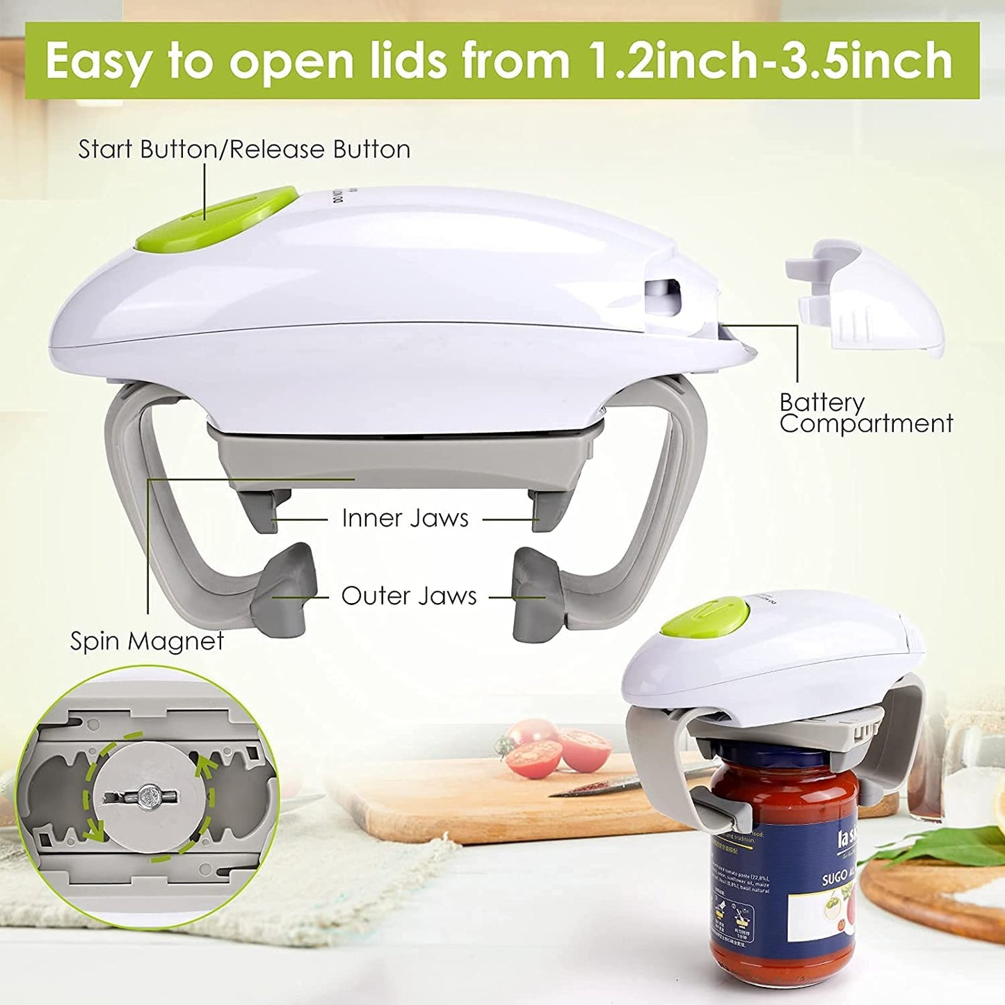 Electric Jar Opener, Kitchen Gadget Strong Tough Automatic Jar Opener for New Sealed Jars,The Hands Free Jar Opener with Less Effort to Open (White)