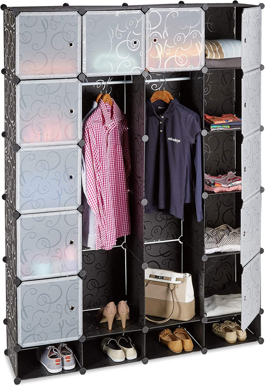 Modular Wardrobe, 18 Compartments, Plastic Closet, Shoe Cabinet 145X200 Cm, Black, 36.5 X 145 X 198 Cm