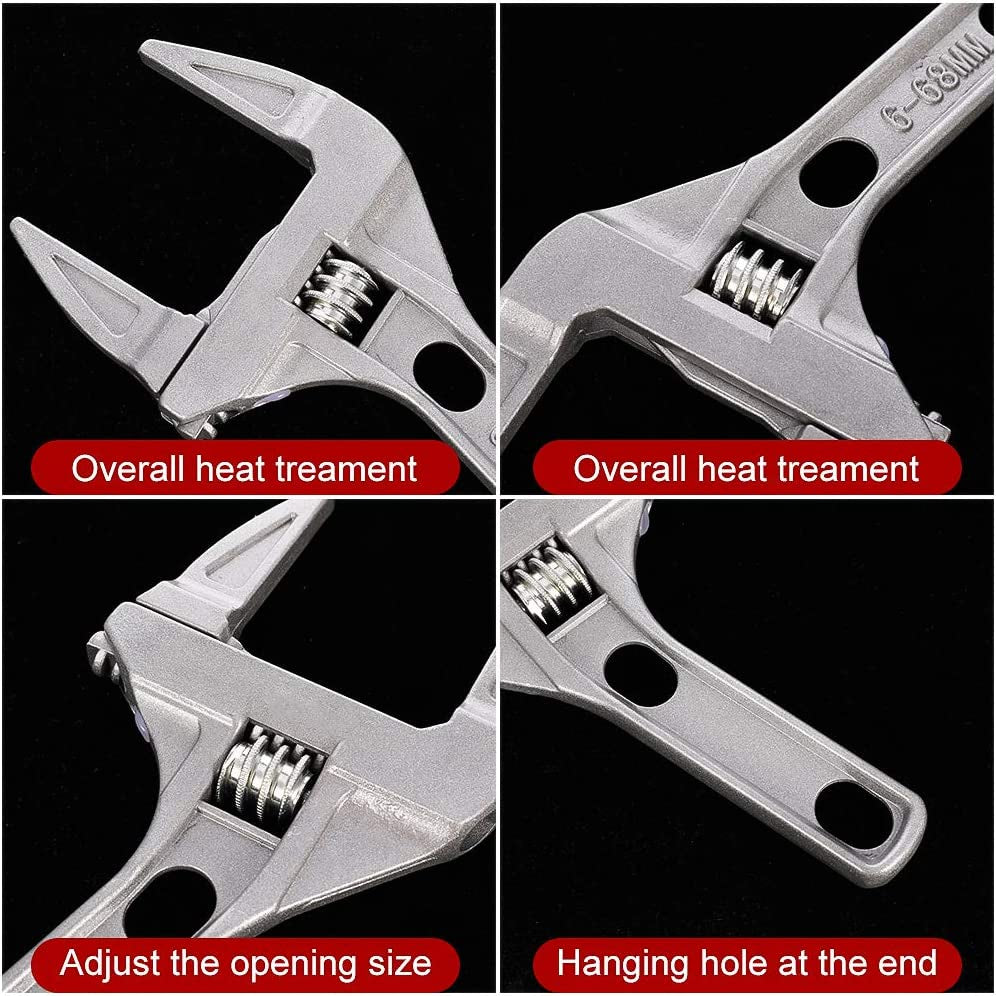 Wrench Adjustable, 6-68Mm Large Opening Wide Jaw Aluminum Alloy Wrench with Short Handle Ultra-Thin Shifting Spanner Tap Plumbing Basin Wrench Hand Repair Tools for Bathroom Washbasin Tube