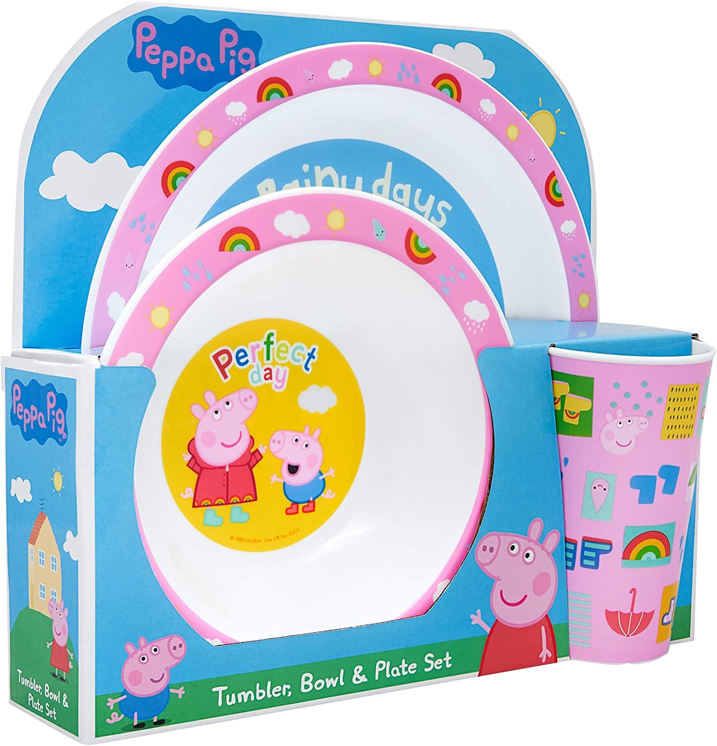 Perfect Day Kids Tableware 3 Piece Reusable PP Plate, Bowl & Cup Children – Peppa, George Tumbler & Dinnerware Set for Mealtimes – for 24 Months & Up, Re-Usable Plastic, Pink