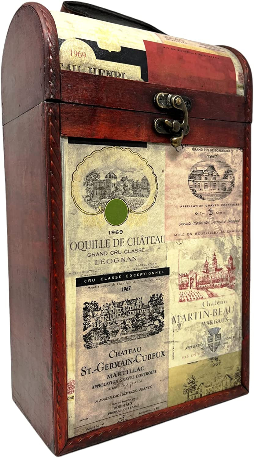 Wooden Wine Gift Box 2 Bottle Carrier Vintage Leather Storage Holder Carrying Case with Handle Champagne Whisky Metal Latch Closure