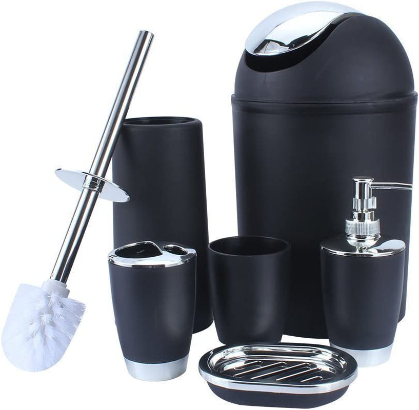 BATHROOM SET 6 PIECE ACCESSORY BIN SOAP DISH DISPENSER TUMBLER TOOTHBRUSH HOLDER (BLACK)