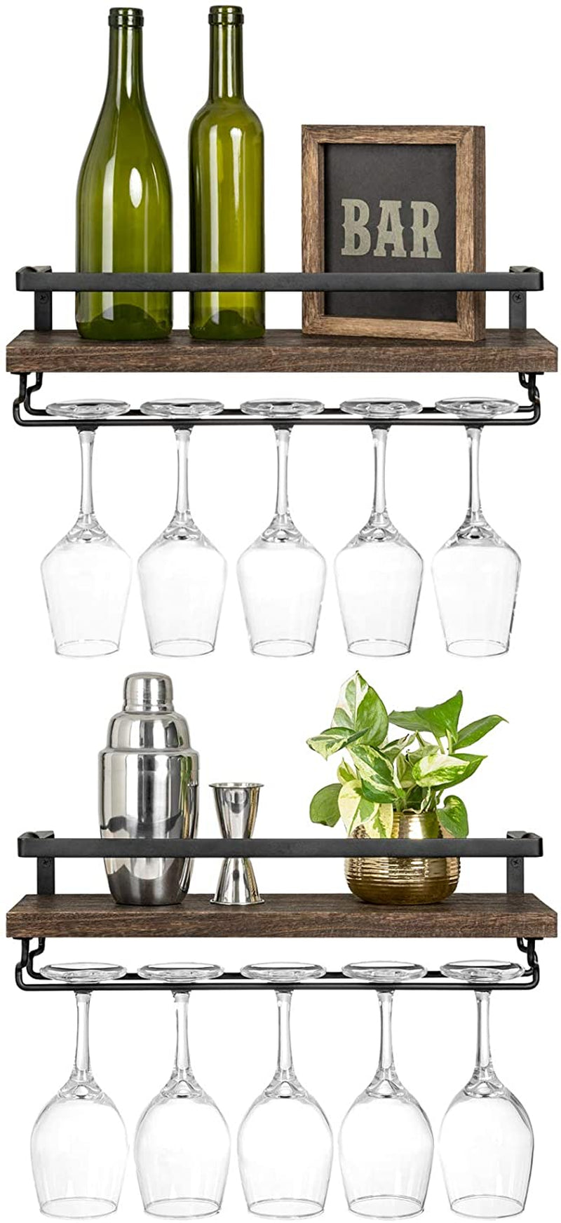 Wall Mounted Wine Shelves Set of 2 Wood Rustic Wine Bottle Glass Floating Racks with Stemware Hanger Modern Plants Photos Wine Display Storage Holder for Kitchen Dining Room Bar