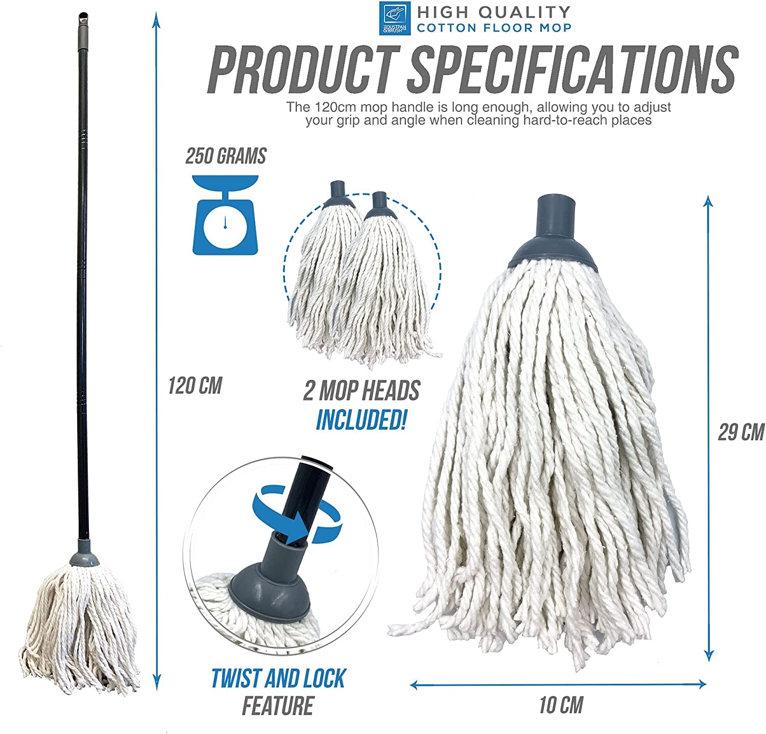 Cotton Floor Mops High Quality Mop System with Super Absorbent Cotton Mop Head, 110Cm Metal Mop Handle and Extra Mop Head Refill Effective Cleaning Mop for Home, Office and Commercial Use