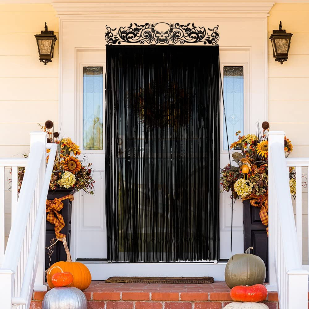 Halloween Door Curtain Black Shiny Foil Party Decorations Entrance Door Curtain for Halloween, 3.3 X 6.5 Feet