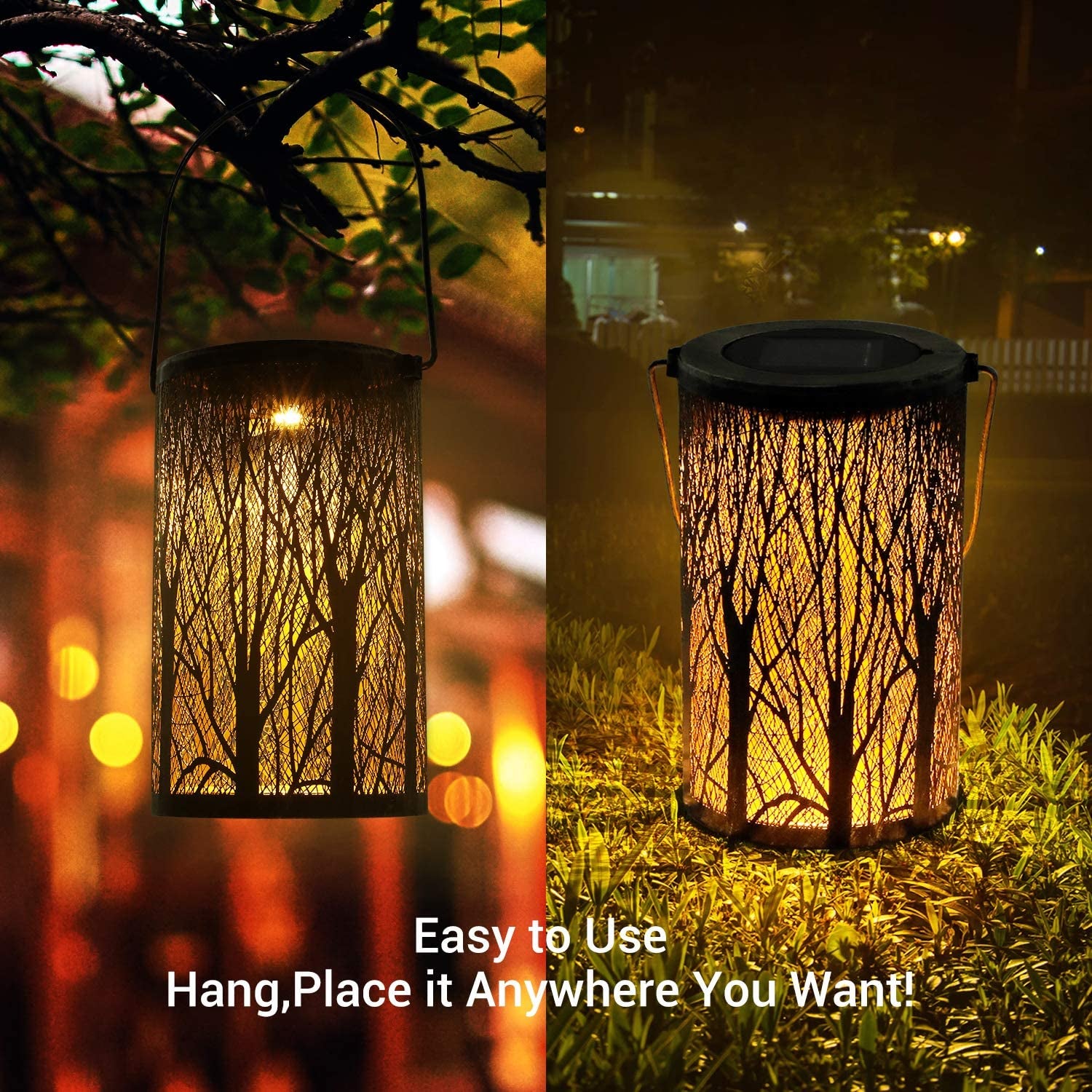 Solar Lanterns for the Garden -  Metal LED Tree Garden Hanging Lanterns IP44 Waterproof Moroccan Garden Ornaments Outdoor for Patio Fence Pathway Wall Table Tree Bronze