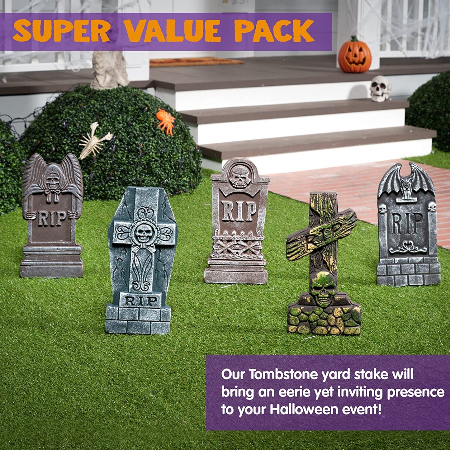 17”/43Cm Halloween Foam RIP Graveyard Tombstones (5 Pack), Headstone Decorations and 12 Bonus Metal Stakes for Halloween Yard Decorations