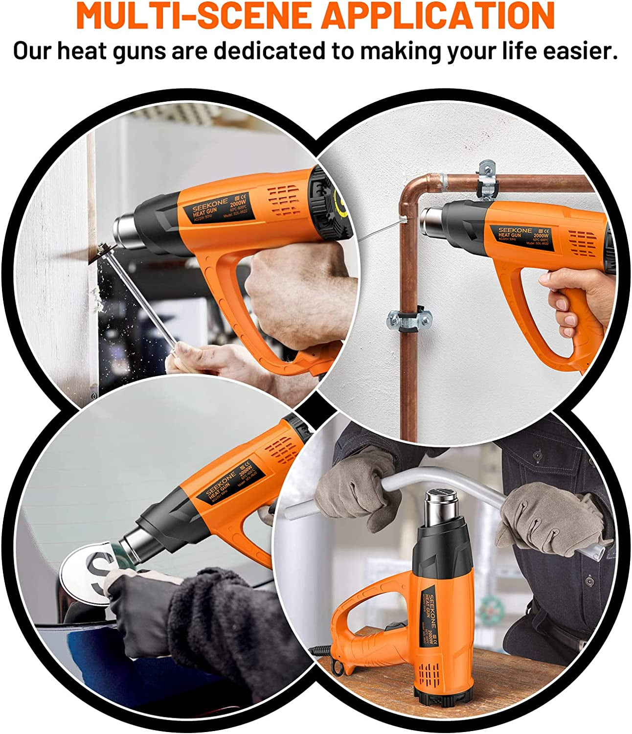 2000W Heat Gun,  Hot Air Gun Kit Variable Temperature 60℃- 600℃ with 2-Temp Settings 7 Accessories Ceramic Heating Core Double Heating Wire Overload Protection for Removing Paint, Shrinking PVC