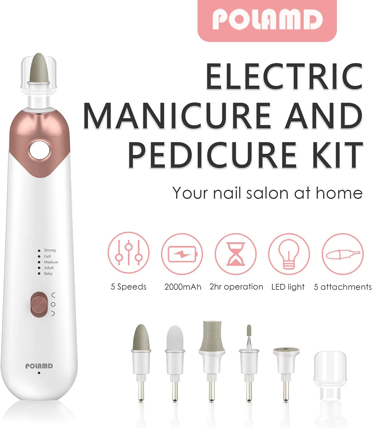 Cordless Manicure and Pedicure Set, Rechargeable Electric Nail Files, 5-Speed, LED Light, Durable Attachments, Excellent Home Use Electric Nail Drill for Cuticles Hard Skin Removal