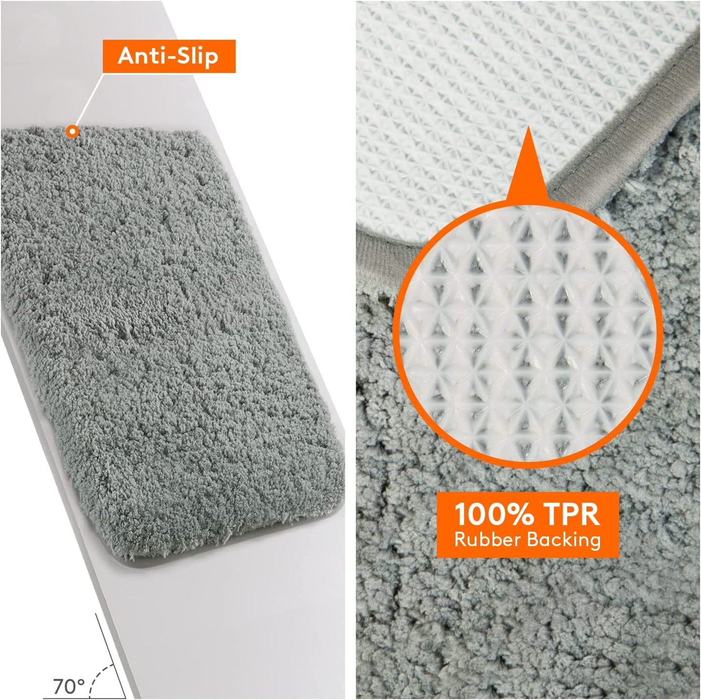 Bath Mat Grey, Microfiber Soft Shag Super Water Absorbent Non-Slip Rubber Bathroom Rug, Thick, Machine Washable, 80 X 50 Cm