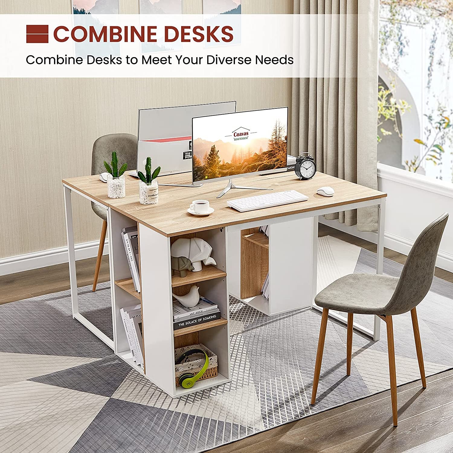 Computer Office Desk Gaming Desk Wooden Pc Writing Desk with 5 Storage Shelves Home Corner Workstation Industrial Table Bedroom Student Kids Study Laptop for Home Work, Beech with White Metal Legs
