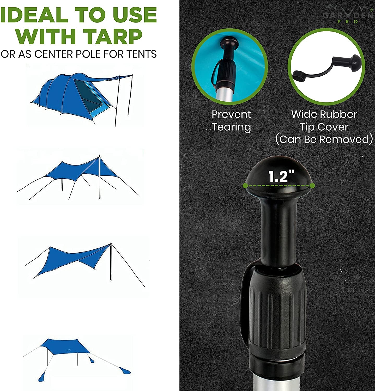 Set of 4 Telescoping Tarp Poles | Replacement Canopy Adjustable Aluminum Rods, Portable & Lightweight for Tent Fly, Awning, Outdoor Camping, Hiking, Backpacking & Rainfly + 6 Pegs & 6 Reflective Ropes
