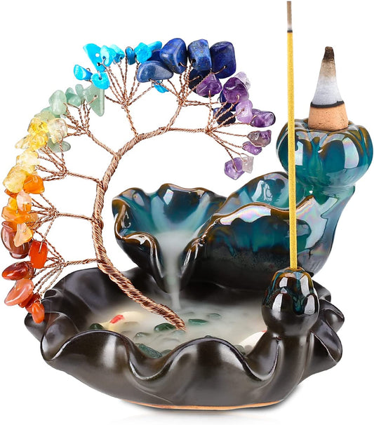 Backflow Incense Burner Ceramic Incense Waterfall 7 Chakras Crystal Tree Incense Holder Namaste Yoga Meditation and Home Decor