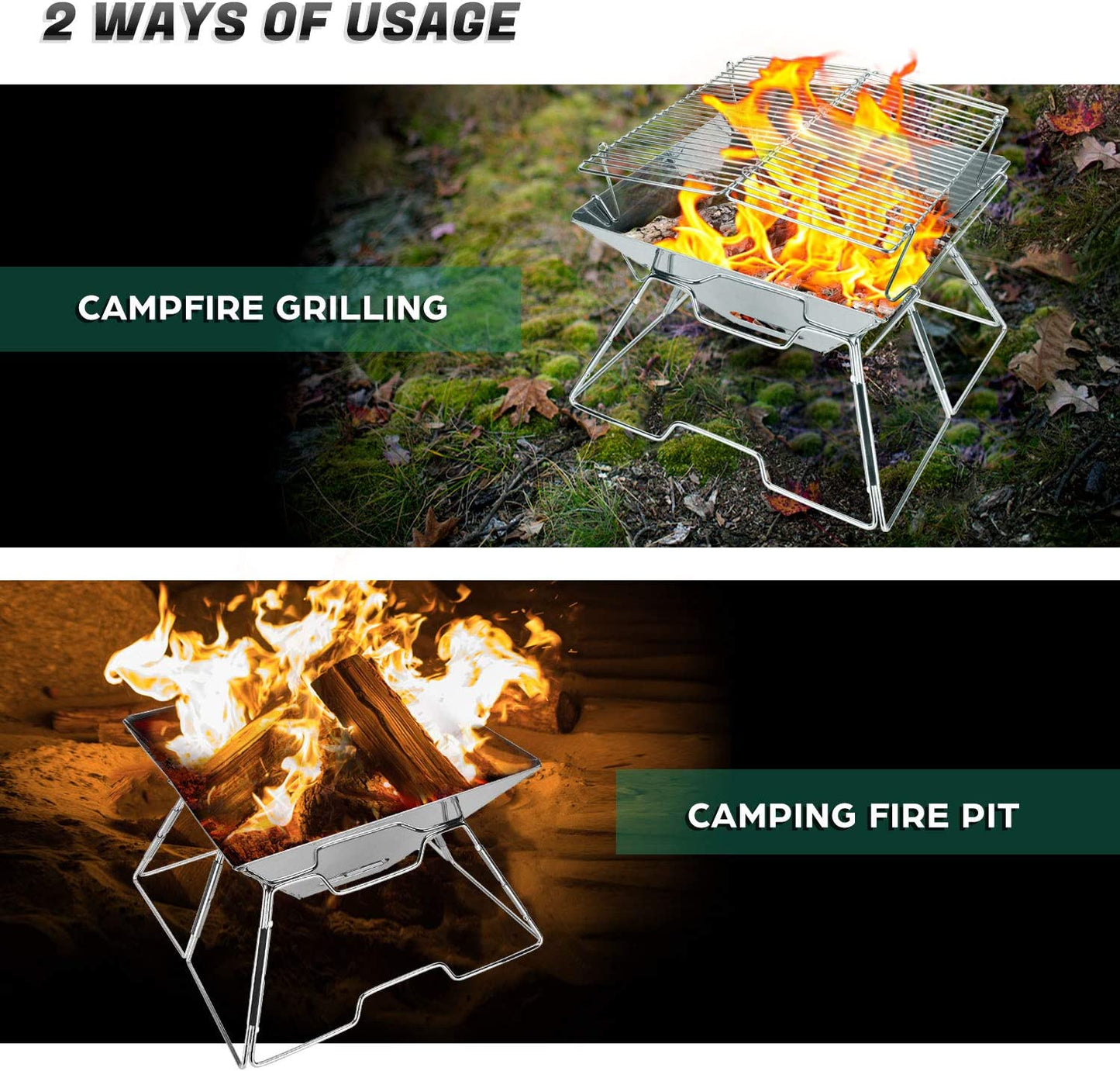 Collapsible Campfire Grill Camping Fire Pit, 304 Stainless Steel Grill Gate, Heavy Duty Portable Camping Grill with Carrying Bag, M