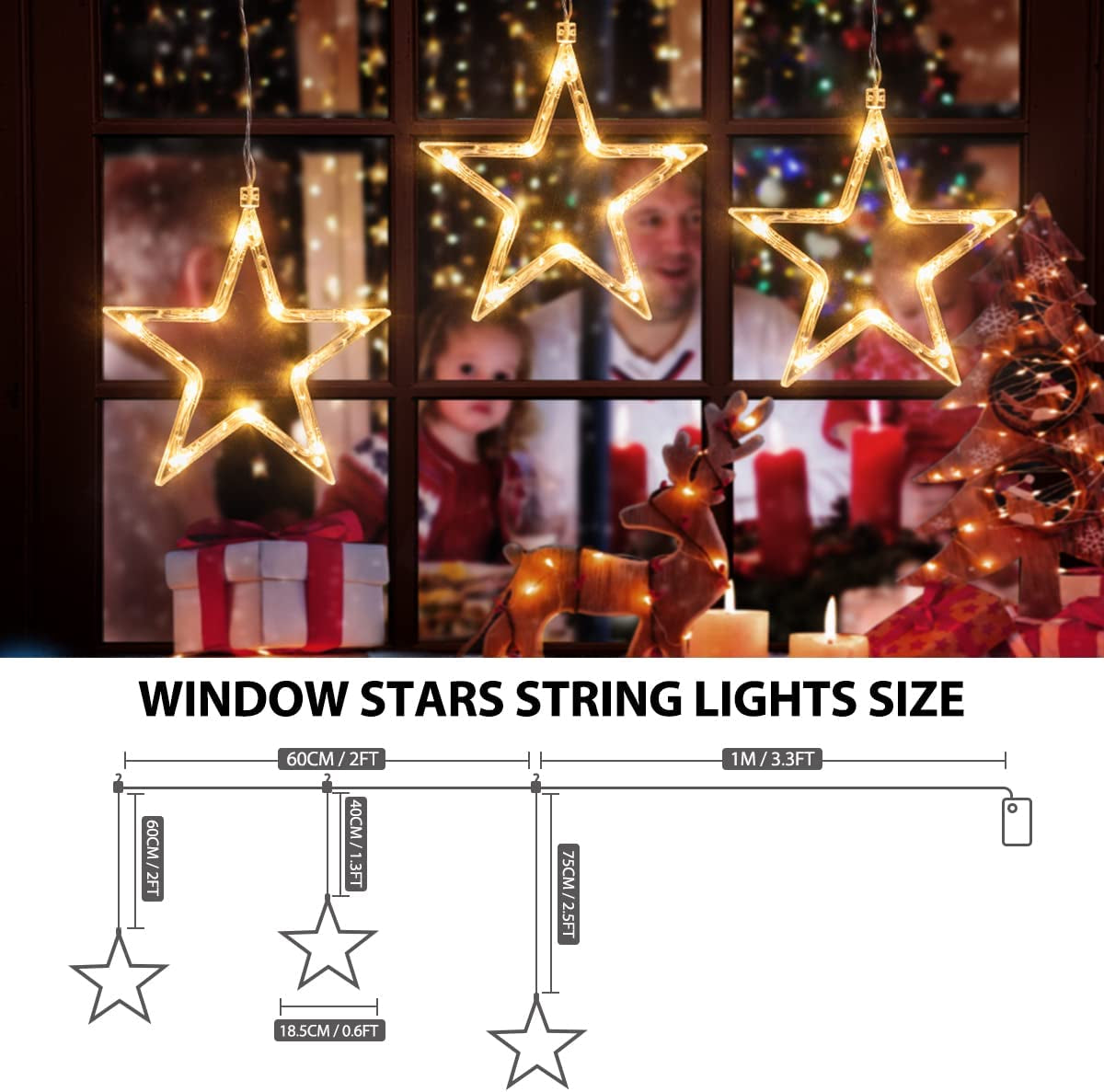 Chritmas Window Lights Indoor Outdoor, 3 Stars Lights 30 Leds Battery Operated Timer for Hanging 8 Modes Warm White Star String Lights, Xtmas Lights Decorative Light for Window, Door, Wall