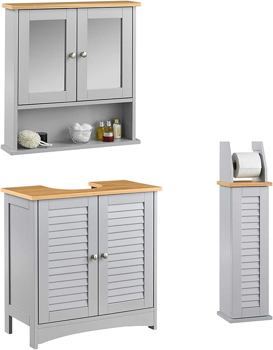 Atlanta 3 Piece Set Bathroom Furniture Free Standing under Sink Storage Wall Mounted Medicine Cabinet with Mirror Modern Bathroom Storage Cabinet Shelf Toilet Paper Roll Holder Floor Unit Grey