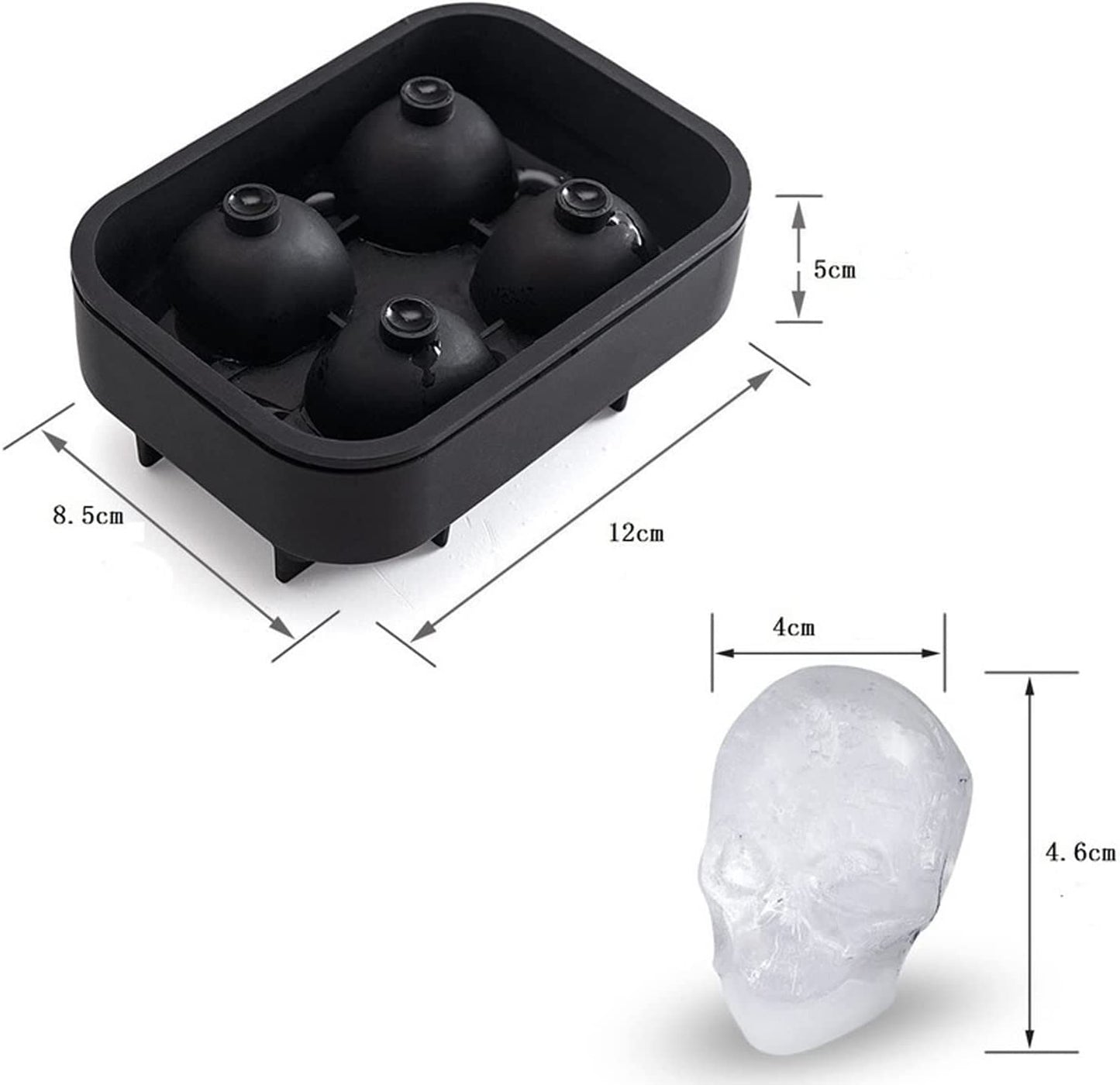 3D Skull Ice Cube Moulds, Silicone Ice Cube Tray Maker,Makes 4.6 X 4Cm Ice Skulls for Gin Glasses, Whiskey, Scotch, Cocktail and Liqueur Glasses-Black (1 * 4 Skull Cubes)