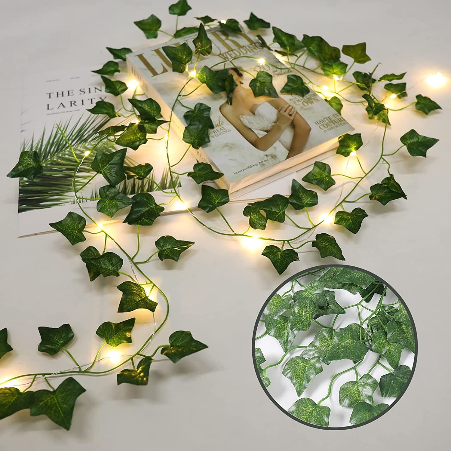 12Pack Vines with LED String Lights, Room Decor Fake Ivy, Wall Decor Artificial Ivy Garland, Garden Decor Fake Vines, Artificial Plants Leaves Aesthetic Garden Accessories(84Ft)