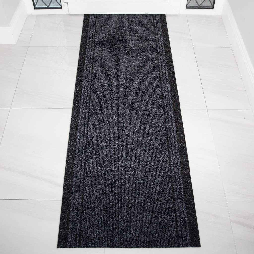 Grey Black Rubber Backed Very Long Hallway Hall Runner Narrow Rugs Custom Length - Sold and Priced per Foot