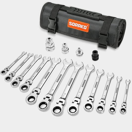 Flex-Head Ratchet Spanner Set, 16PCS Metric Combination Spanner Kit DIY Hand Tools Kit in Roll Bag 8-19 Mm, 4 Adapters for Bicycle Repairing, Car Repairing, Industrial Maintenance