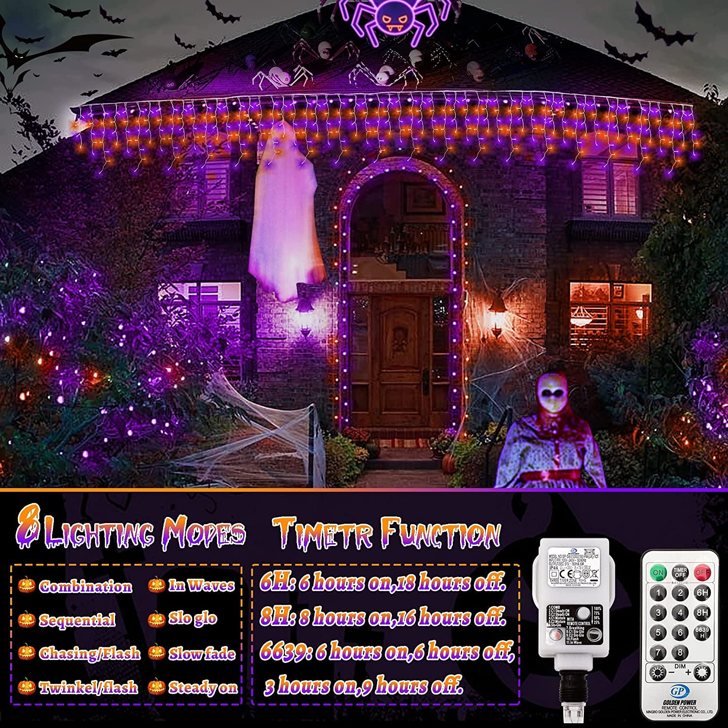 Heceltt Halloween Lights Outdoor Decorations, Icicle Lights 40M 1280 LED 8 Modes Mains Powered Orange and Purple Lights, Clear Wire Outdoor Icicle Light with Timer Memory for Roof Window Party Decor