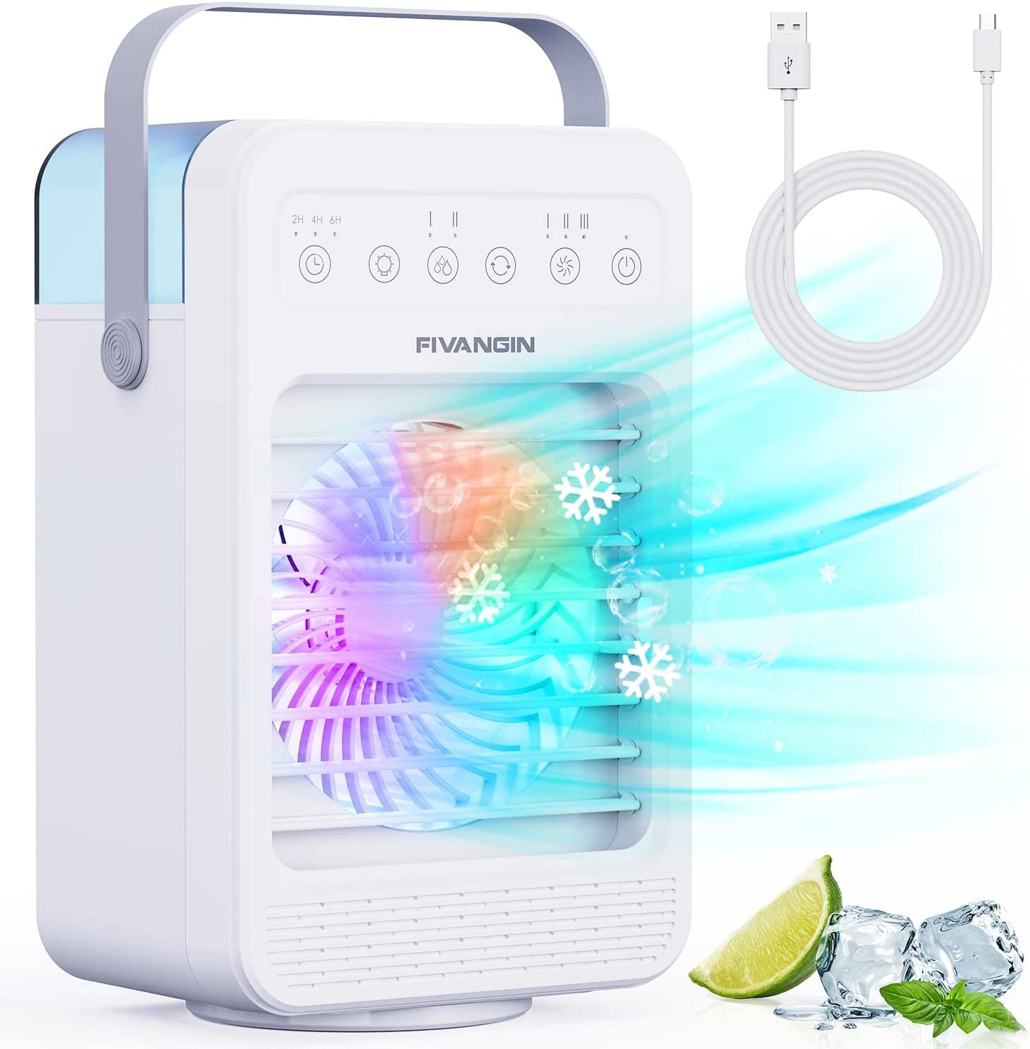Air Cooler, Personal Portable Air Conditioner with Colored Lights, 4 Speeds, Automatic Oscillation, 4 in 1 Mini Air Cooler Ideal for Home/Bedroom/Dorm/Office