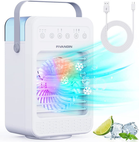 Air Cooler, Personal Portable Air Conditioner with Colored Lights, 4 Speeds, Automatic Oscillation, 4 in 1 Mini Air Cooler Ideal for Home/Bedroom/Dorm/Office