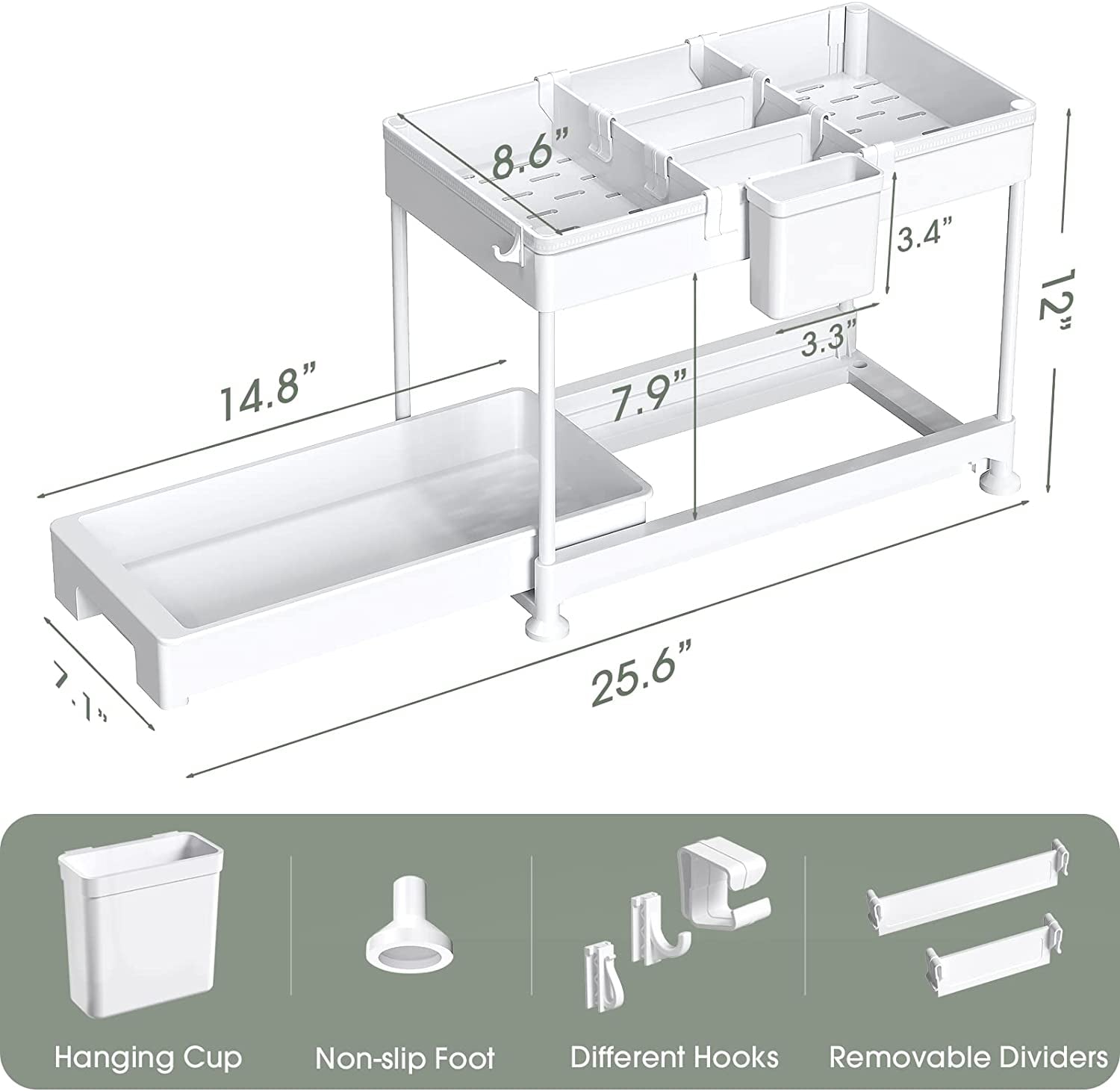 under Sink Storage Shelf,2 Tier Slide Out under Cabinet Basket Drawer,Multi-Purpose Slim Organizer for Kitchen Bathroom,Bottom Slide Out Basket,40X22X31Cm,White