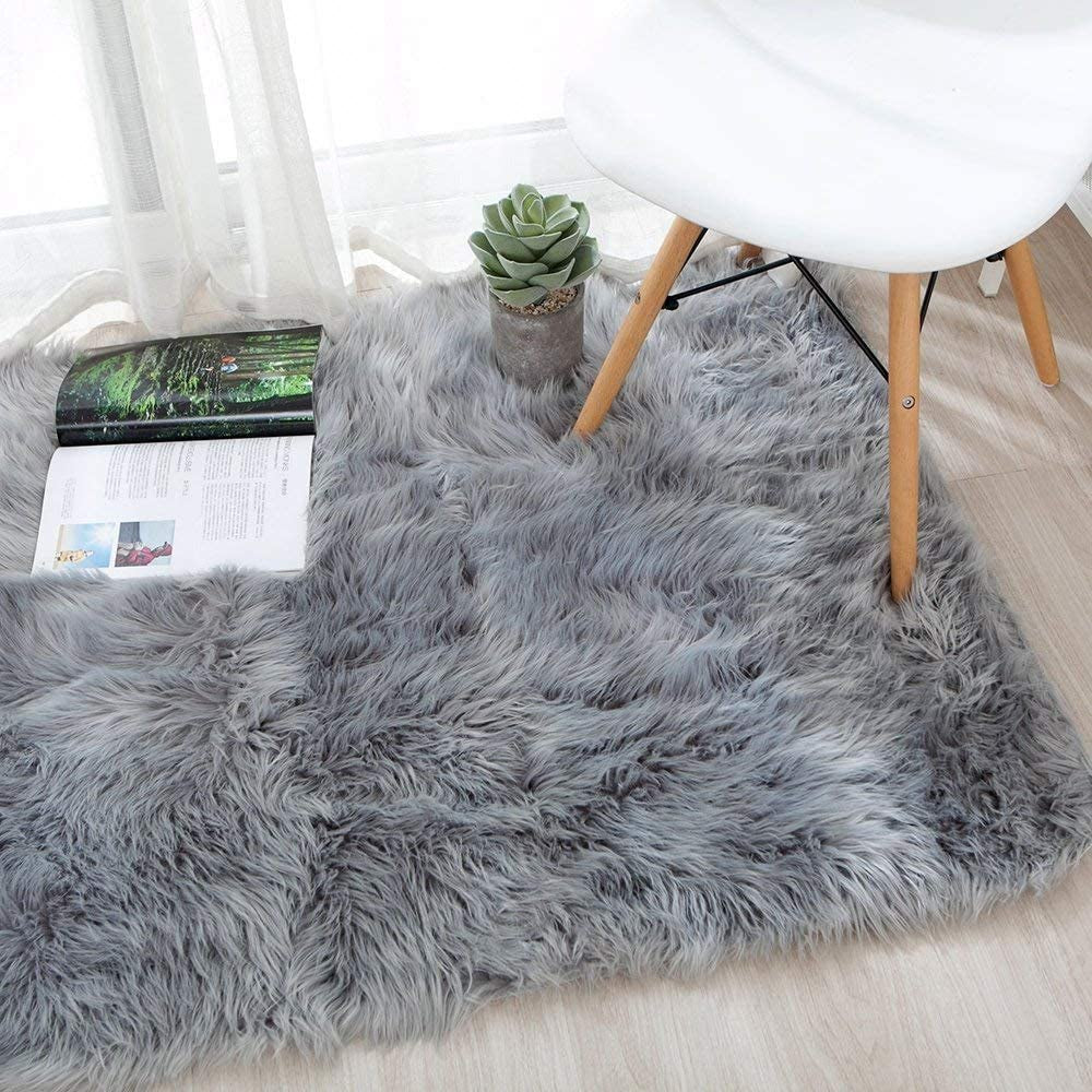 Fluffy Sheepskin Rug Soft Area Rugs Sofa Mat Cover Floor Carpet Pad for Bedroom Grey 60 X 90 CM