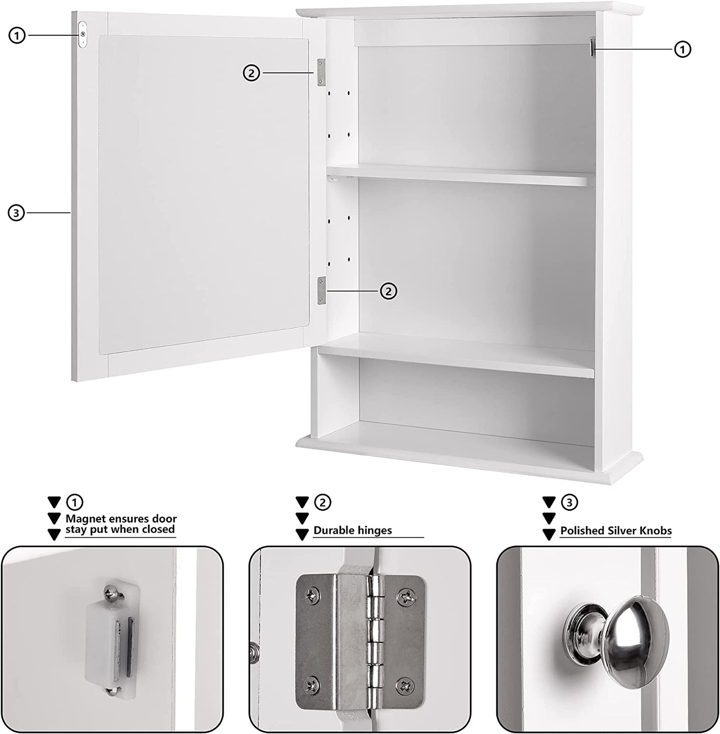 Bathroom Medicine Cabinet Wall Mounted Mirror Cabinet with Single Doors and Adjustable Shelf, Accent Home Furniture Wooden Storage Cabinets Organizer, White