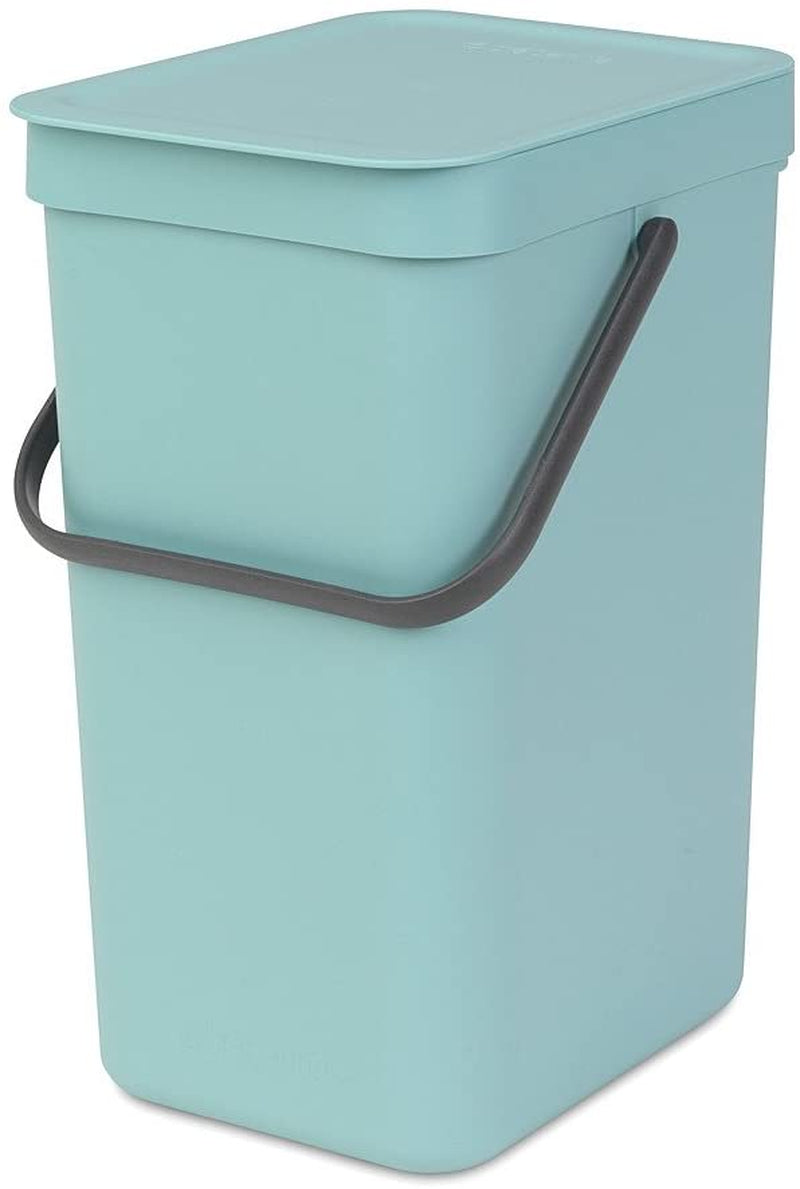 Sort & Go Kitchen Recycling Bin (16L / Mint) Stackable Waste Organiser with Handle & Removable Lid, Easy Clean, Fixtures Included for Wall/Cupboard Mounting
