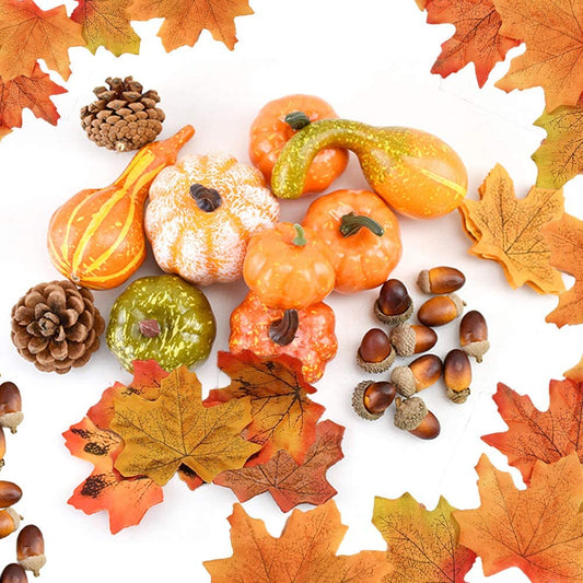 70Pcs Thanksgiving Decoration Set, Artificial Maple Leaves, Harvest Pumpkin, Small Acorns, Pine Cones and Gourds for Autumn, Fall and Halloween Home Party Decoration