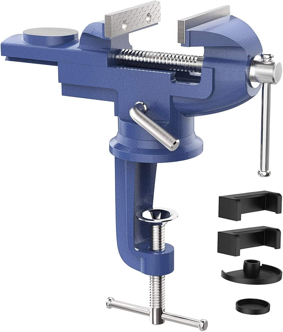 Housolution Universal Table Vice 3 Inch, 360°Swivel Base Bench Clamp Home Vise Clamp-On Vise Repair Tool Portable Work Bench Vise for Woodworking, Cutting Conduit, Drilling, Metalworking - Blue