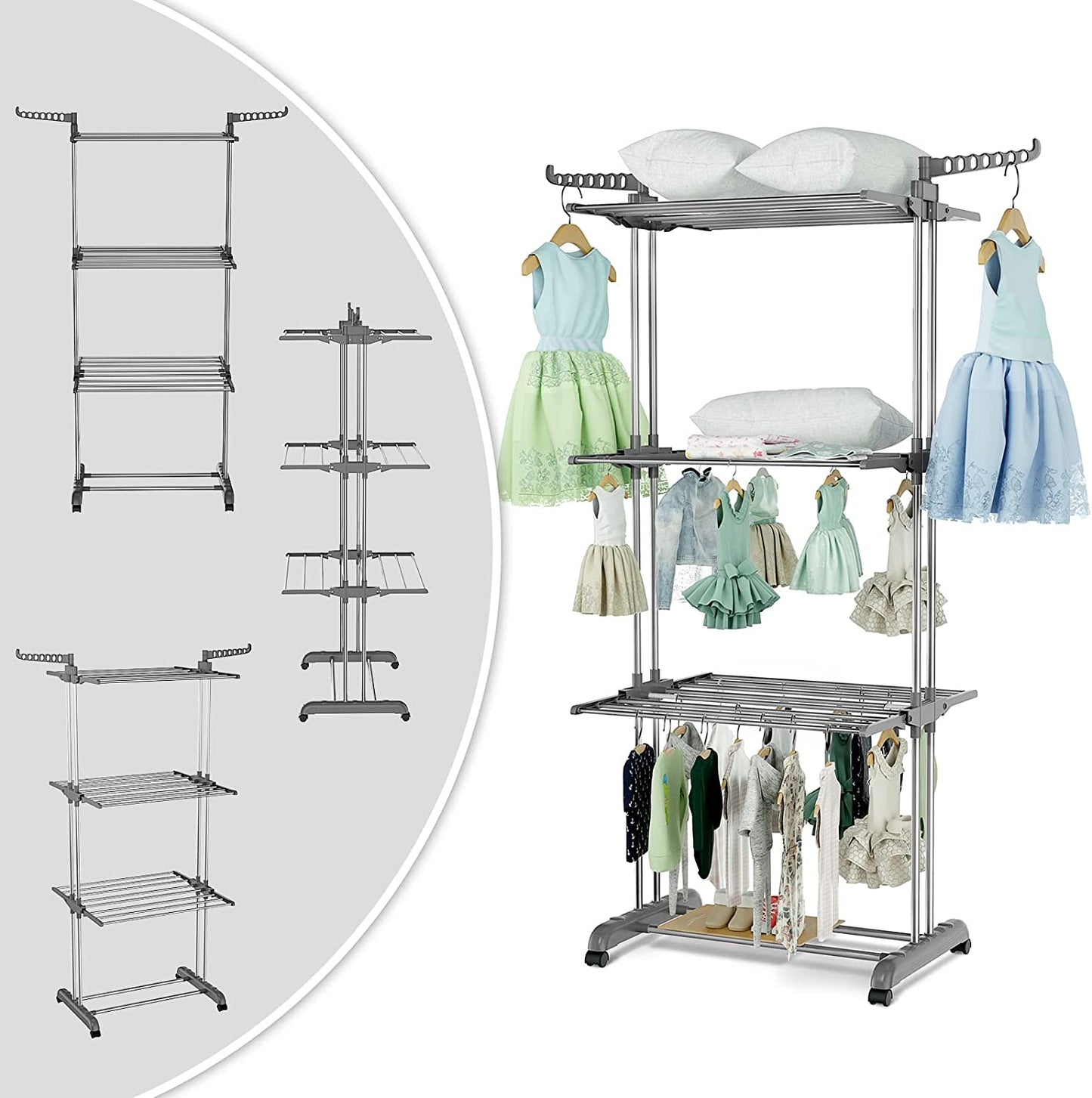 Clothes Drying Rack 4-Tier Foldable Standing Garment Dryer Collapsible Movable Laundry Airer with 4-Wheels for Home Storage Indoor (Grey)