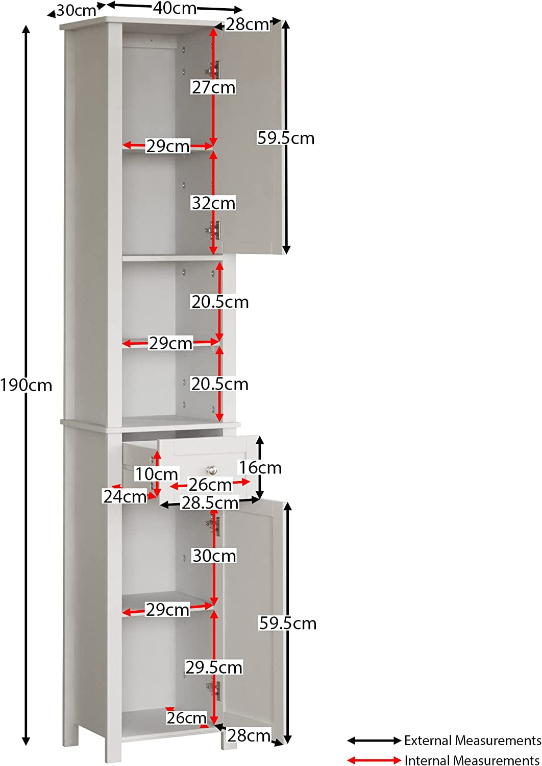 Priano Tall Mirrored Bathroom Cabinet Storage Cupboard Floor Standing Tallboy Unit, White