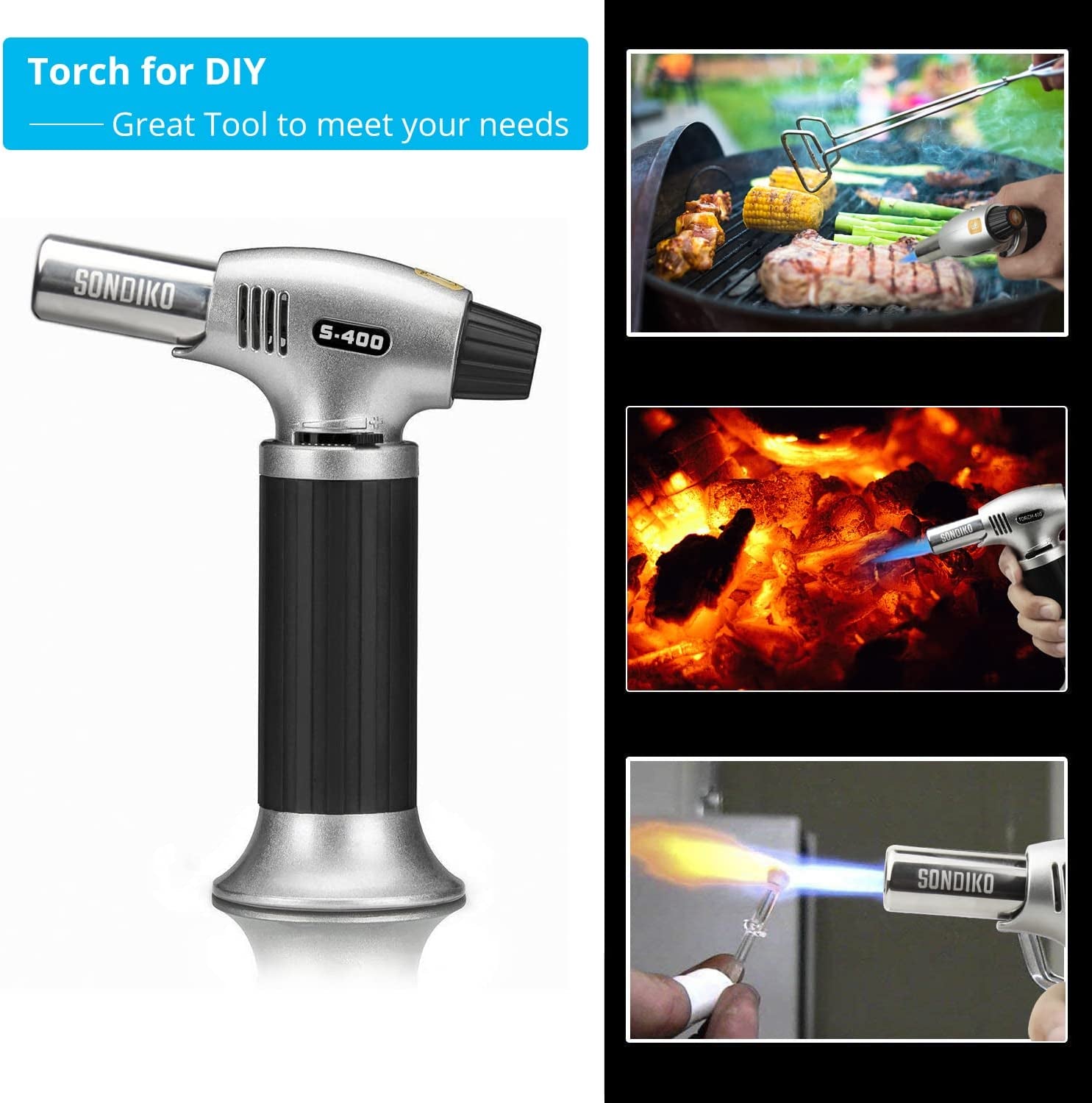 Blow Torch S400, Fits All Butane Tanks Refillable Kitchen Blow Torch Lighter with Safety Lock and Adjustable Flame Perfect for Desserts, Creme Brulee, BBQ and Bakingbutane-Gas Not Included