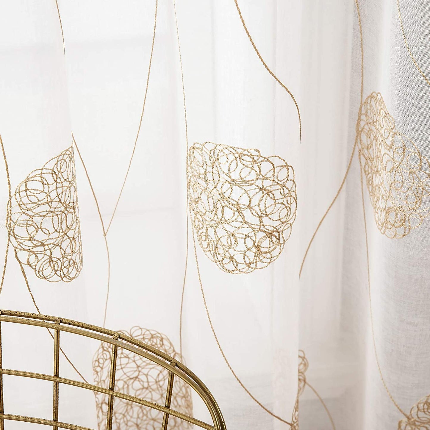 Embroidery Sheer Curtains Flora Design Grommet Window Curtain Semi Voile Drapes Panels with Eyelets Window Treatments for Living Room Bedroom 2 Panels 55" W X 69" L Gold