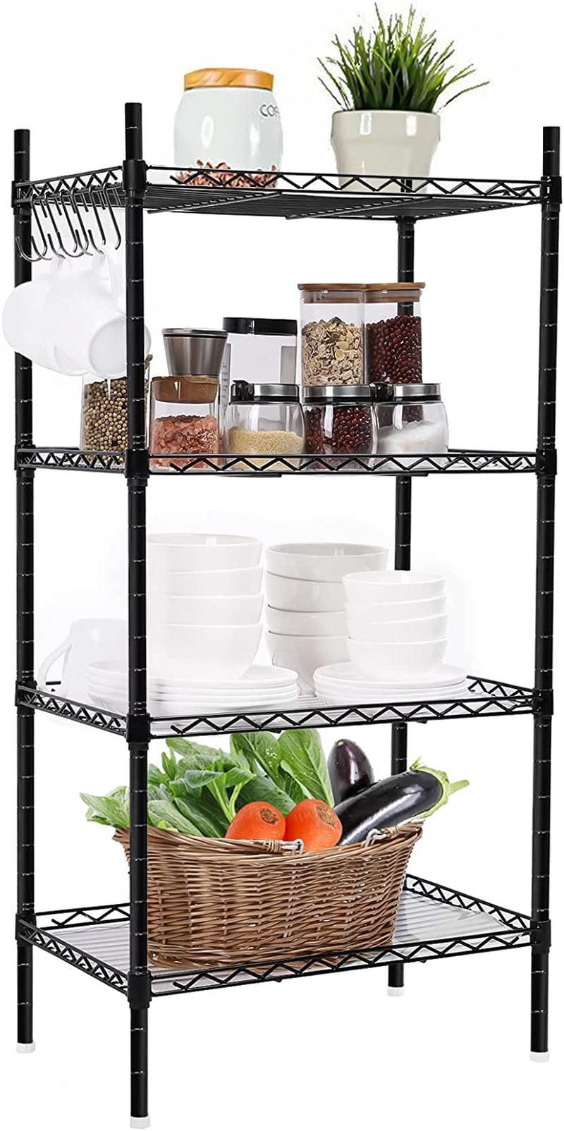 4 Tier Shelving Unit,  Metal Shelving Unit Free Standing Small Storage Rack with 4 Hooks, Wire Organisation Racking Shelves for for Pantry Kitchen Livingroom Bathroom Office, 45*30*90 CM
