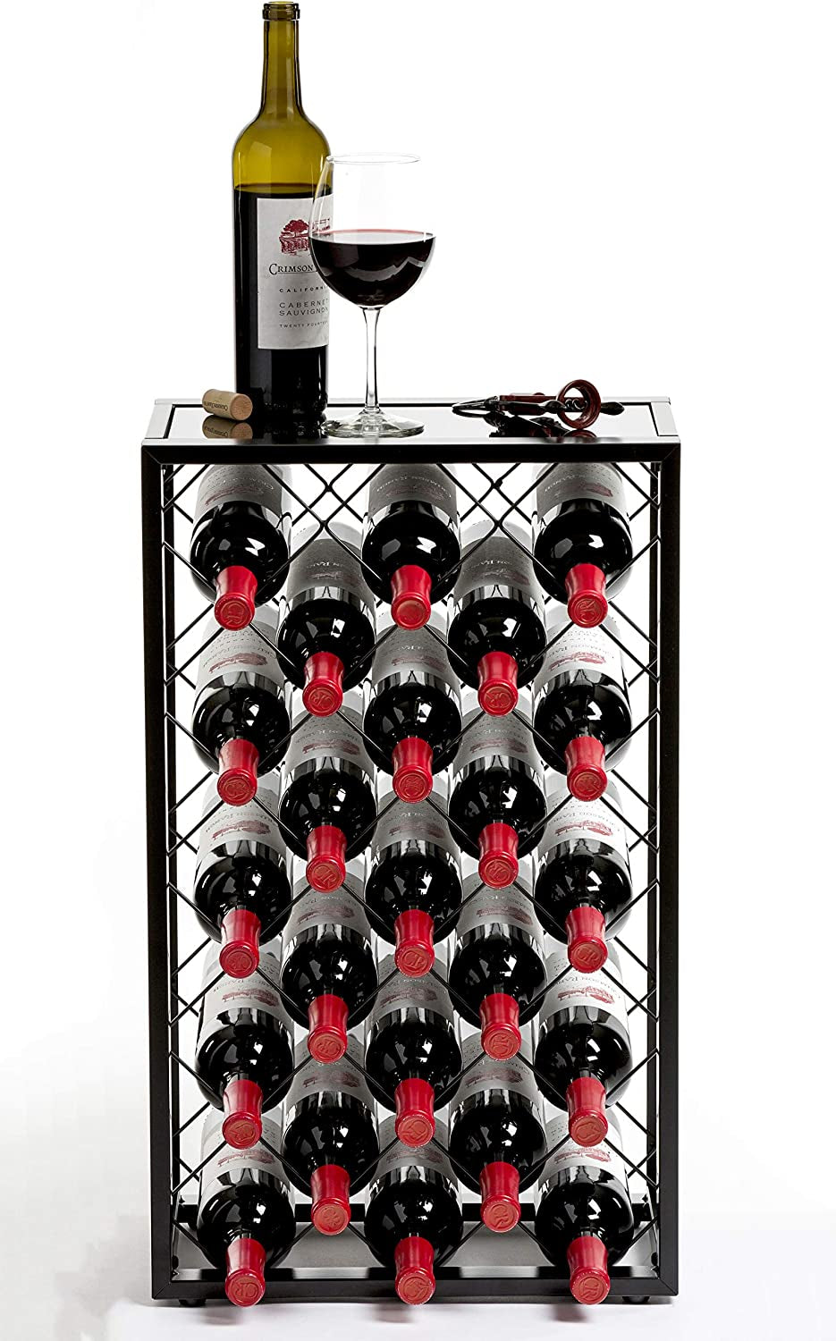 23 Bottle Wine Rack with Glass Table Top, Black