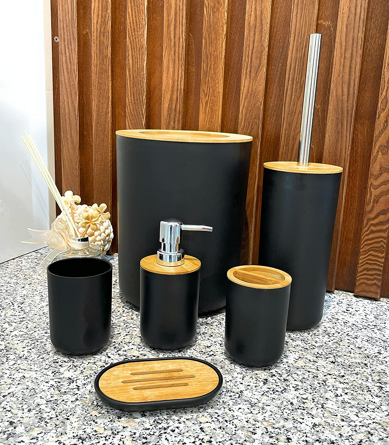 Belcka - 6 Pieces Bamboo Bathroom Accessories- Bathroom Bin and Toilet Brush Set- Durable Toothbrush Holder Cup- Soap Dispenser with Pump- Soap Dish Holder- Modern Trash Can- Black