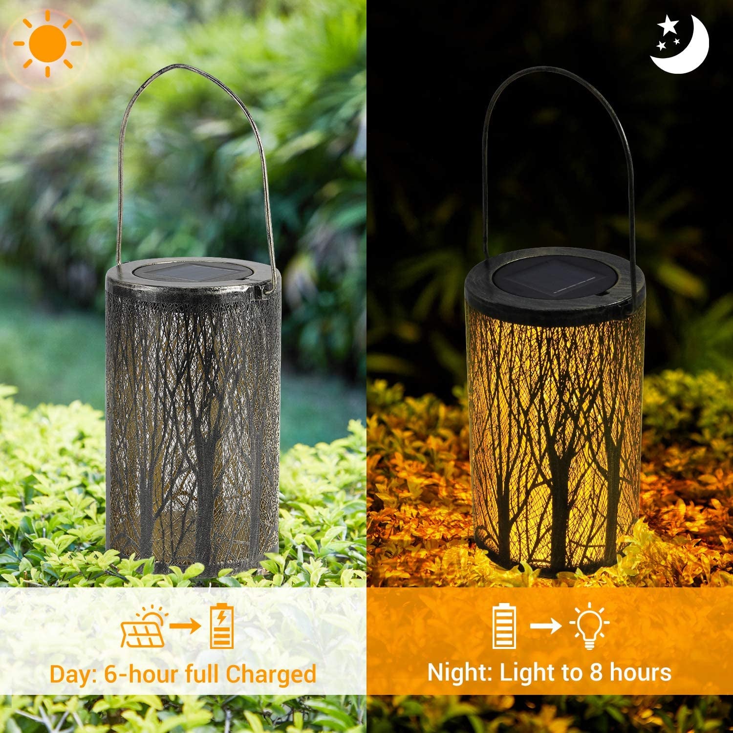 Solar Lanterns for the Garden -  Metal LED Tree Garden Hanging Lanterns IP44 Waterproof Moroccan Garden Ornaments Outdoor for Patio Fence Pathway Wall Table Tree Bronze