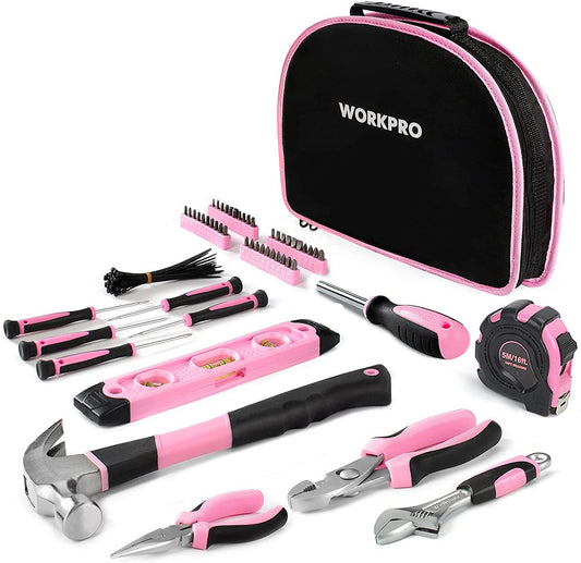 WORKPRO Pink Tool Kit 103-Piece, Pink Hand Tools Set for Home Repair, Tool Kit Portable with Hammer, Screwdriver Set, Tape Measure, Pliers, with Compact Storage Bag, New Home Gifts