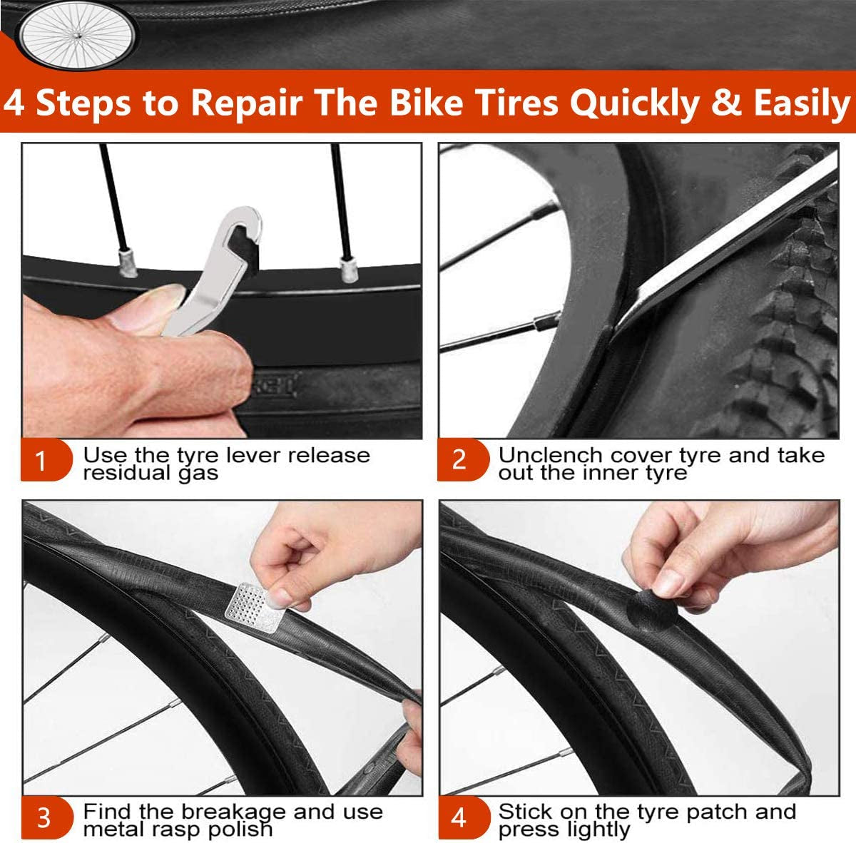Bike Tyre Repair Kits-14 Pcs Bike Tire Glueless Self-Adhesive Patches Puncture Repair Kit Bicycle with Metal Rasps & 3Pcs Tyre Levers Tool Kit for Mountain/Road Bike Inner Tube Repair Kit