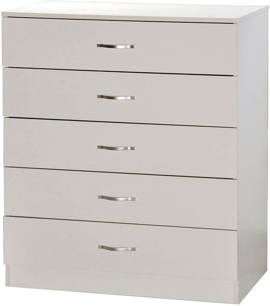 White Chest of Drawers, 5 Drawer with Metal Handles and Runners, Unique Anti-Bowing Drawer Support, Riano Bedroom Furniture