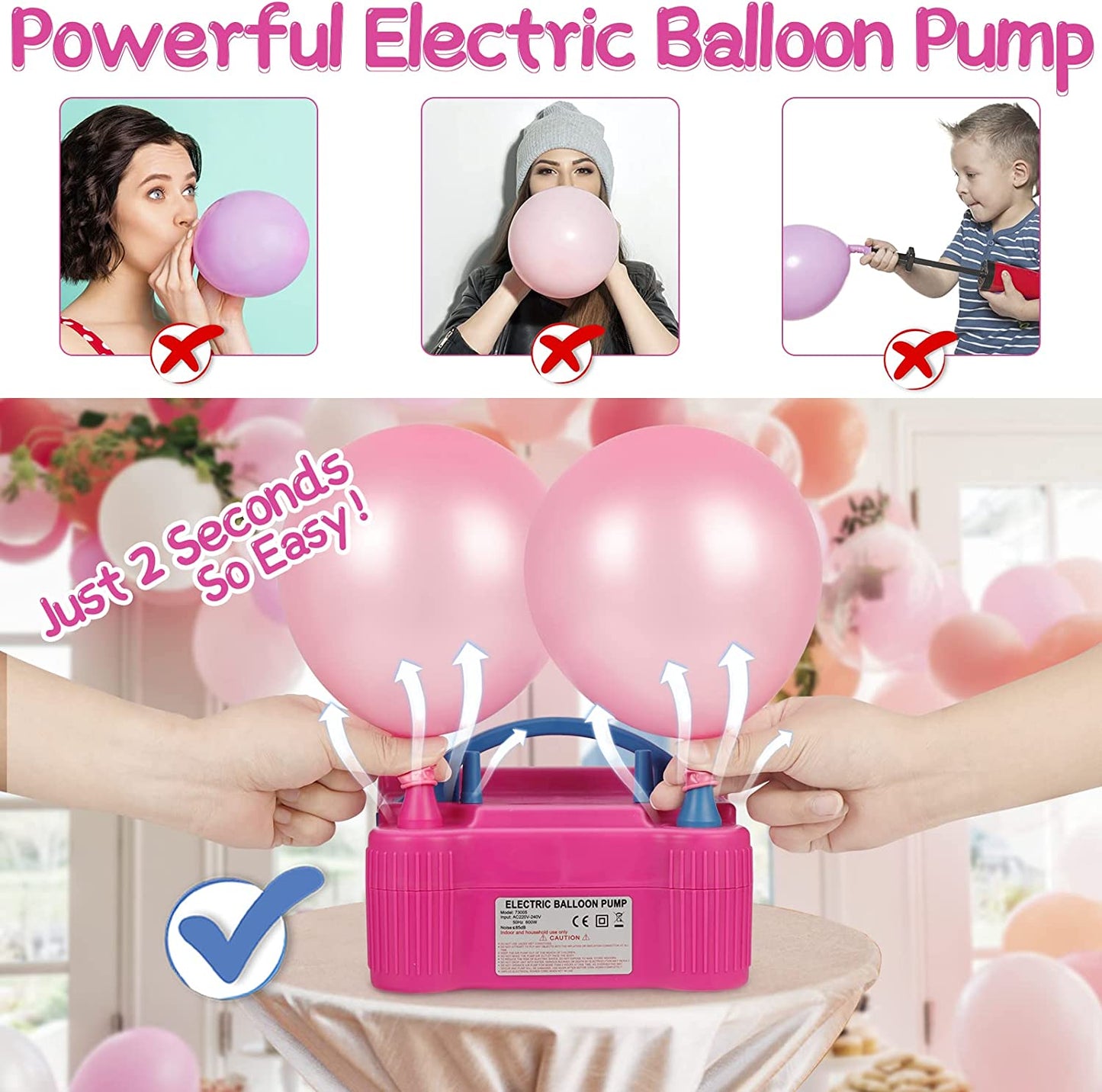 Aerwo Balloon Pump Electric Air Inflator Pump,Ac220V-240V 600W Portable Dual Nozzle Electric Balloon Pump with 100 PCS Balloons, Tying Tool and Balloon Arch Kit for Party Birthday Wedding Decoration